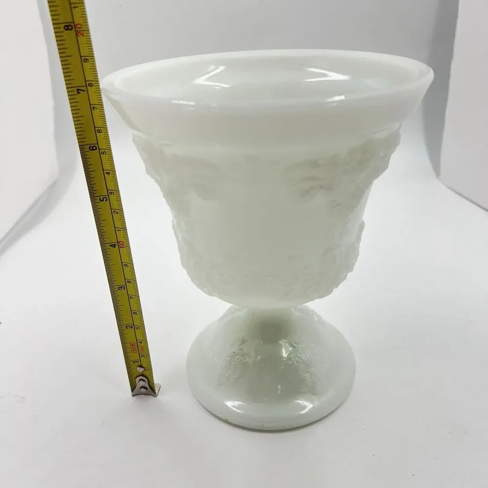 Vintage E O Brody White Milk Glass M4300 Pedestal Vase Grape Vine Cleveland Ohio